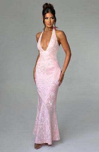 C.F Josephine Maxi Dress Halterneck Floral Jacquard Blush