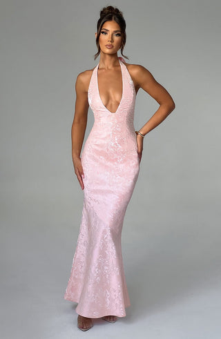 C.F Josephine Maxi Dress Halterneck Floral Jacquard Blush