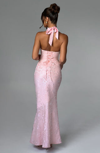 C.F Josephine Maxi Dress Halterneck Floral Jacquard Blush
