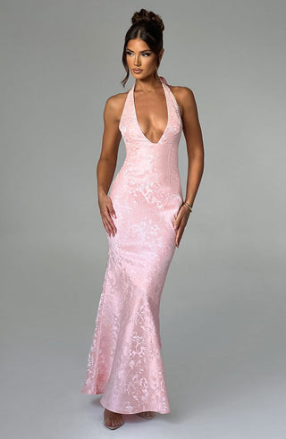 C.F Josephine Maxi Dress Halterneck Floral Jacquard Blush