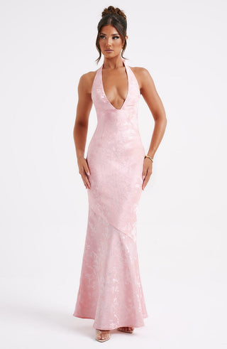 C.F Josephine Maxi Dress Halterneck Floral Jacquard Blush