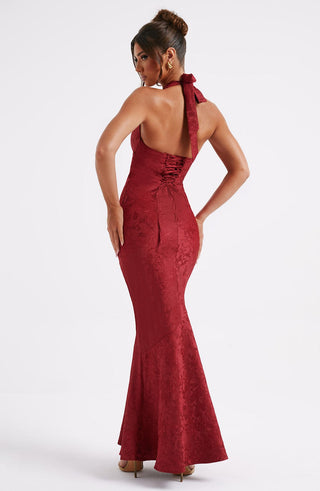 C.F Josephine Maxi Dress Floral Jacquard Halterneck Red