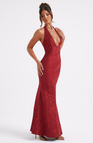 C.F Josephine Maxi Dress Floral Jacquard Halterneck Red