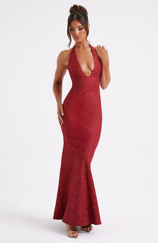 C.F Josephine Maxi Dress Floral Jacquard Halterneck Red