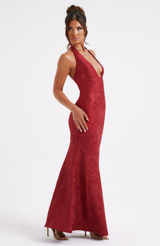 C.F Josephine Maxi Dress Floral Jacquard Halterneck Red