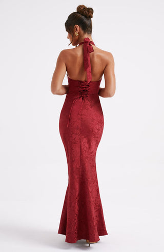 C.F Josephine Maxi Dress Floral Jacquard Halterneck Red