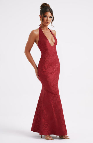 C.F Josephine Maxi Dress Floral Jacquard Halterneck Red