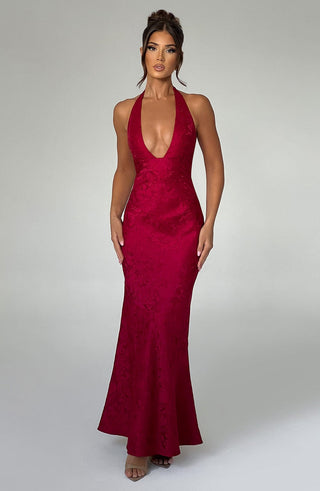 C.F Josephine Maxi Dress Floral Jacquard Halterneck Red