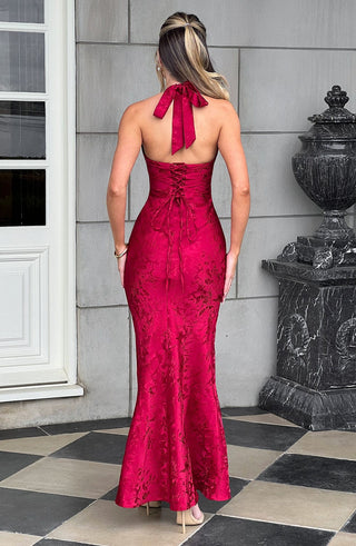 C.F Josephine Maxi Dress Floral Jacquard Halterneck Red