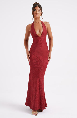 C.F Josephine Maxi Dress Floral Jacquard Halterneck Red