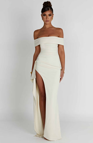 M.T Joyce Maxi Dress Stretch Crepe Bardot Ivory