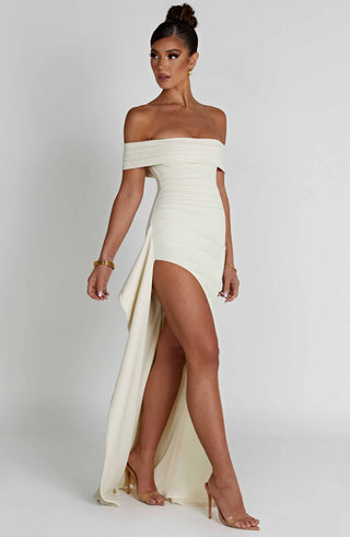 M.T Joyce Maxi Dress Stretch Crepe Bardot Ivory