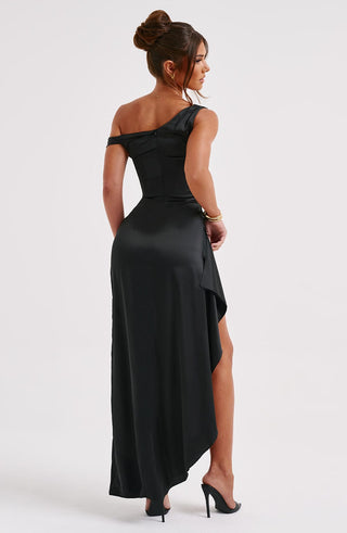 M.T Juliene Maxi Dress Bias Cut Satin Asymmetric One-Shoulder Black