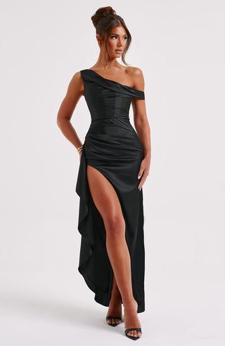 M.T Juliene Maxi Dress Bias Cut Satin Asymmetric One-Shoulder Black
