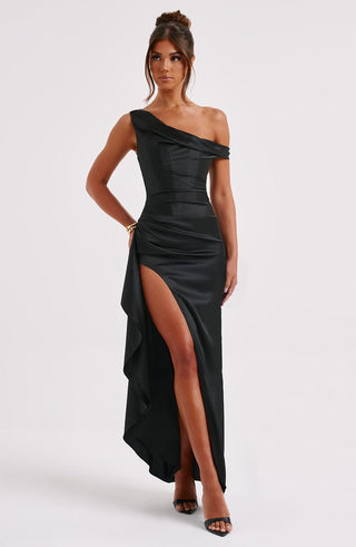 M.T Juliene Maxi Dress Bias Cut Satin Asymmetric One-Shoulder Black