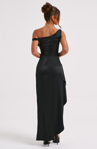 M.T Juliene Maxi Dress Bias Cut Satin Asymmetric One-Shoulder Black