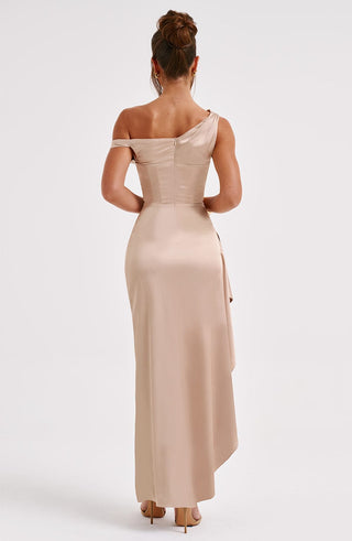 M.T Juliene Maxi Dress Bias-Cut Satin Asymmetric Neckline Champagne