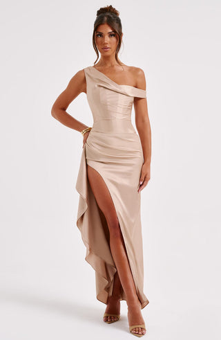 M.T Juliene Maxi Dress Bias-Cut Satin Asymmetric Neckline Champagne