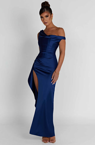 M.T Juliene Maxi Dress Bias-Cut Satin Asymmetric Neckline Navy