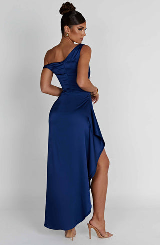 M.T Juliene Maxi Dress Bias-Cut Satin Asymmetric Neckline Navy