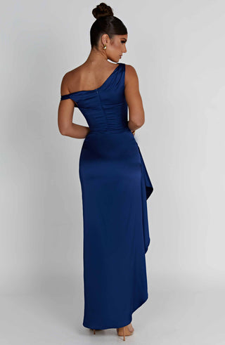 M.T Juliene Maxi Dress Bias-Cut Satin Asymmetric Neckline Navy
