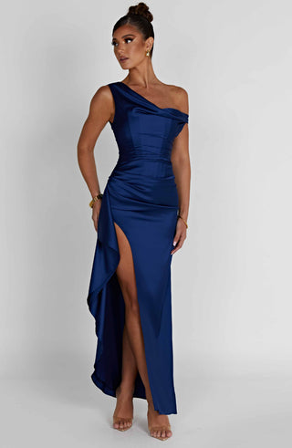 M.T Juliene Maxi Dress Bias-Cut Satin Asymmetric Neckline Navy