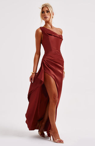 M.T Juliene Maxi Dress Bias Cut Satin Rust
