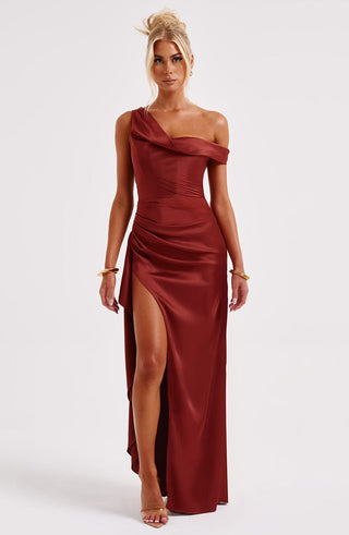 M.T Juliene Maxi Dress Bias Cut Satin Rust