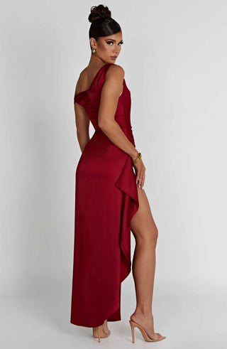 M.T Juliene Maxi Dress Bias Cut Satin Built-In Corset Wine