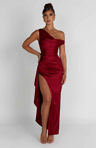 M.T Juliene Maxi Dress Bias Cut Satin Built-In Corset Wine