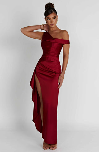 M.T Juliene Maxi Dress Bias Cut Satin Built-In Corset Wine