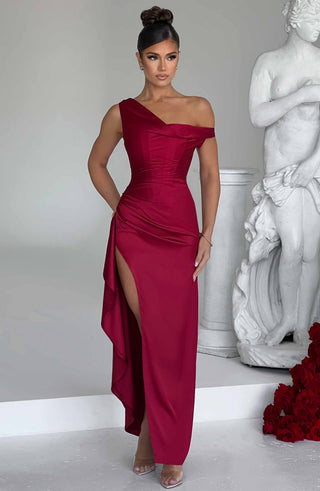 M.T Juliene Maxi Dress Bias Cut Satin Built-In Corset Wine