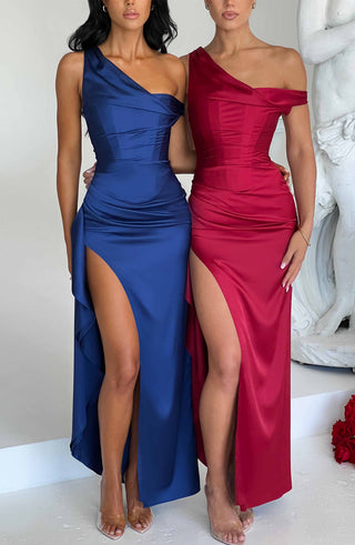 M.T Juliene Maxi Dress Bias Cut Satin Built-In Corset Wine