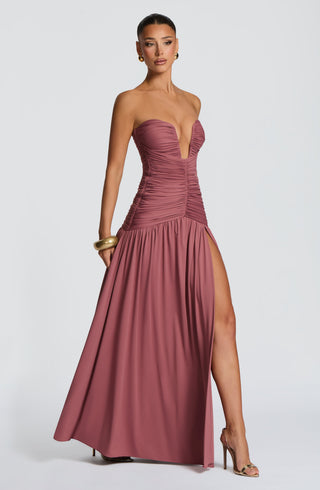 DIA Junia Maxi Dress Strapless Plunge Wire Ruched Rose Brown