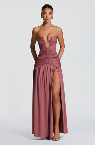 DIA Junia Maxi Dress Strapless Plunge Wire Ruched Rose Brown