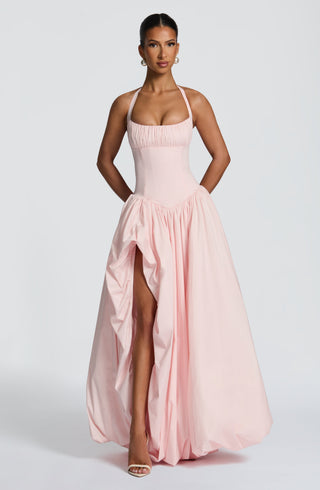 R.F Keira Maxi Dress Puffball Skirt With Thigh Split Blush
