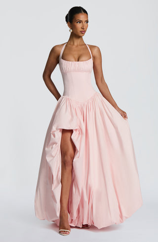 R.F Keira Maxi Dress Puffball Skirt With Thigh Split Blush