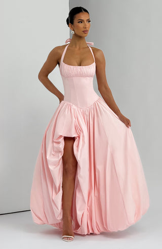 R.F Keira Maxi Dress Puffball Skirt With Thigh Split Blush