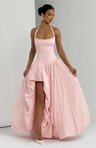R.F Keira Maxi Dress Puffball Skirt With Thigh Split Blush