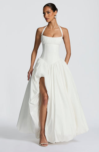 R.F Keira Maxi Dress Poplin Halter Thigh-High Ivory