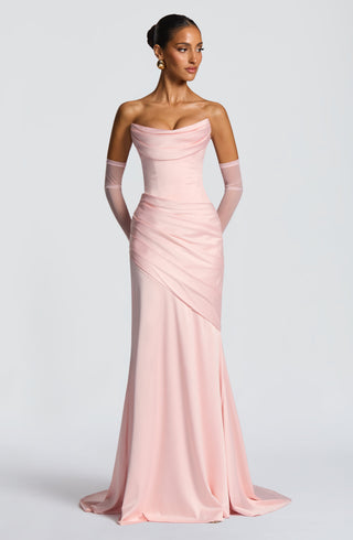 M.T Kensington Maxi Dress Stretch Satin Corset Bodice Blush
