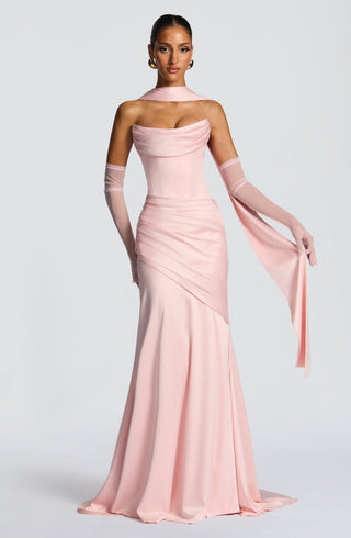 M.T Kensington Maxi Dress Stretch Satin Corset Bodice Blush