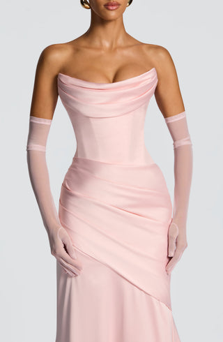M.T Kensington Maxi Dress Stretch Satin Corset Bodice Blush