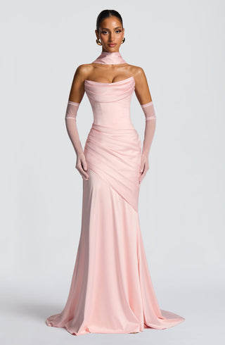 M.T Kensington Maxi Dress Stretch Satin Corset Bodice Blush