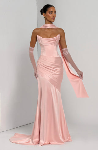 M.T Kensington Maxi Dress Stretch Satin Corset Bodice Blush