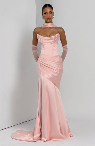 M.T Kensington Maxi Dress Stretch Satin Corset Bodice Blush