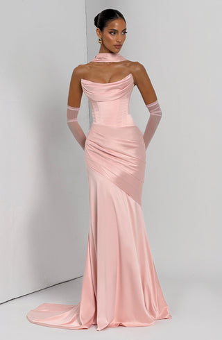 M.T Kensington Maxi Dress Stretch Satin Corset Bodice Blush