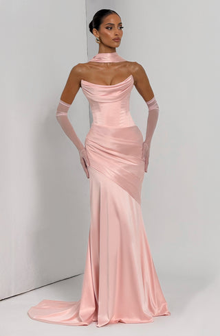 M.T Kensington Maxi Dress Stretch Satin Corset Bodice Blush