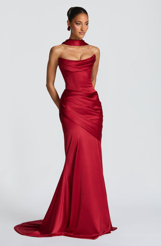 M.T Kensington Maxi Dress Stretch Satin Corset Bodice Deep Red