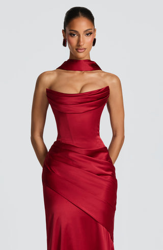 M.T Kensington Maxi Dress Stretch Satin Corset Bodice Deep Red